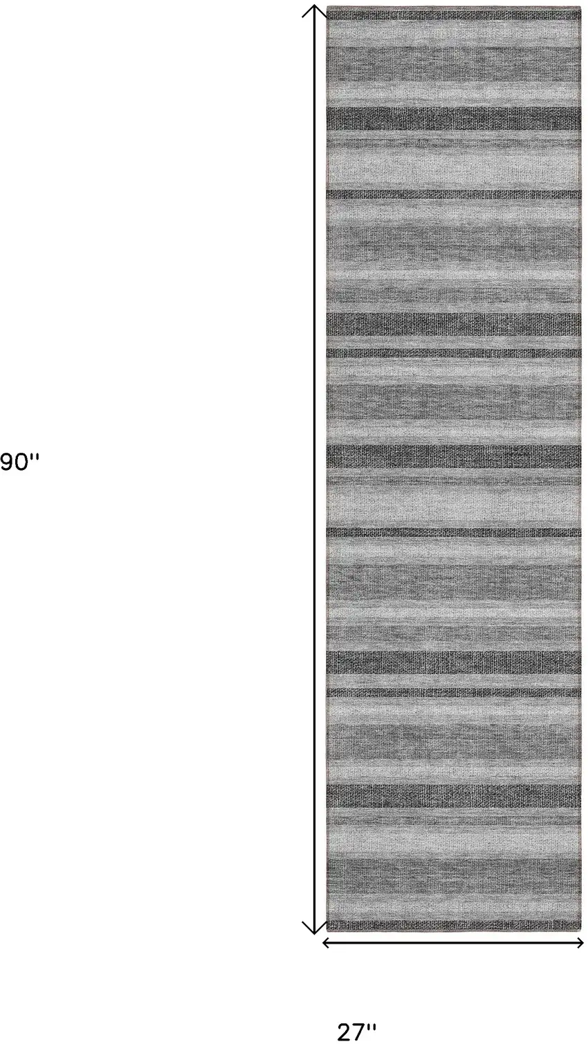 Black Silver and Gray Striped Washable Indoor Outdoor Runner Rug Photo 3