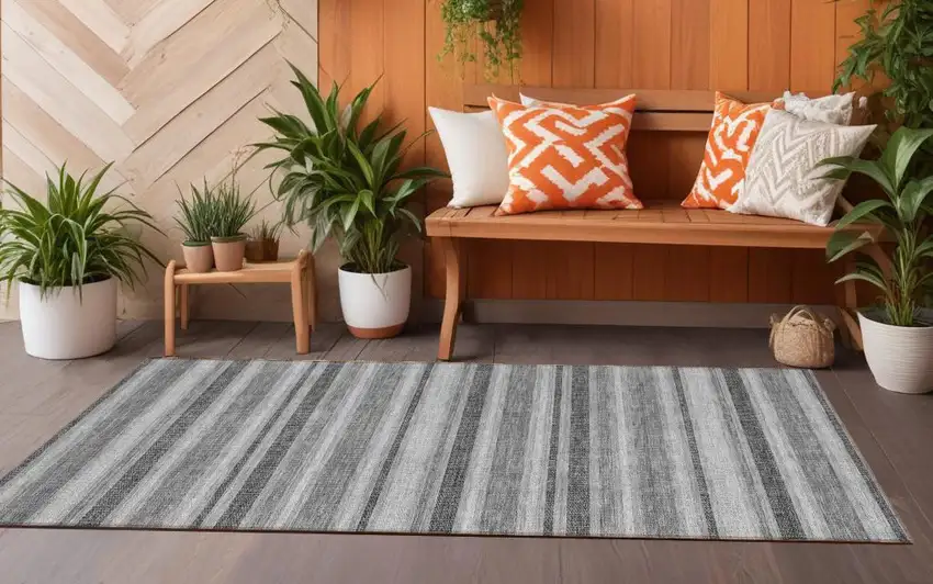 Black Silver and Gray Striped Washable Indoor Outdoor Runner Rug Photo 1