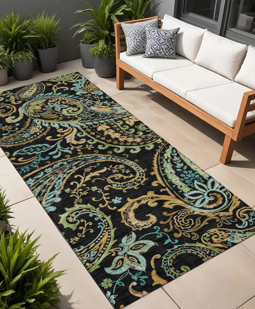 Black and Gold Paisley Washable Indoor Outdoor Runner Rug Photo 1
