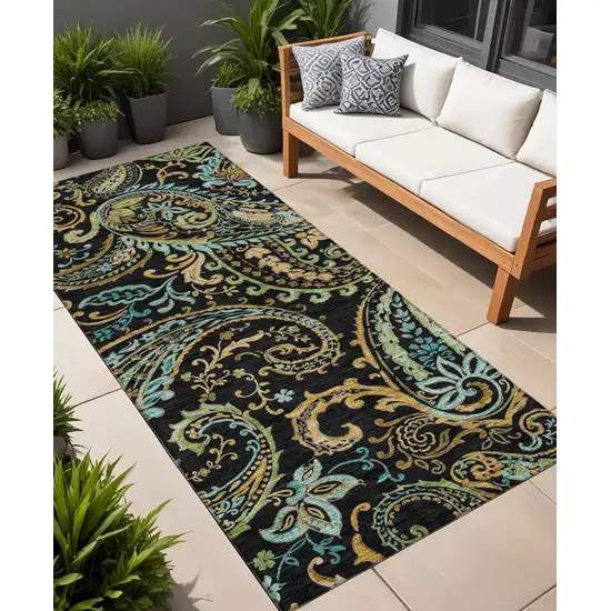 Black and Gold Paisley Washable Indoor Outdoor Runner Rug Photo 1