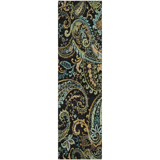 Black and Gold Paisley Washable Indoor Outdoor Runner Rug Photo 2