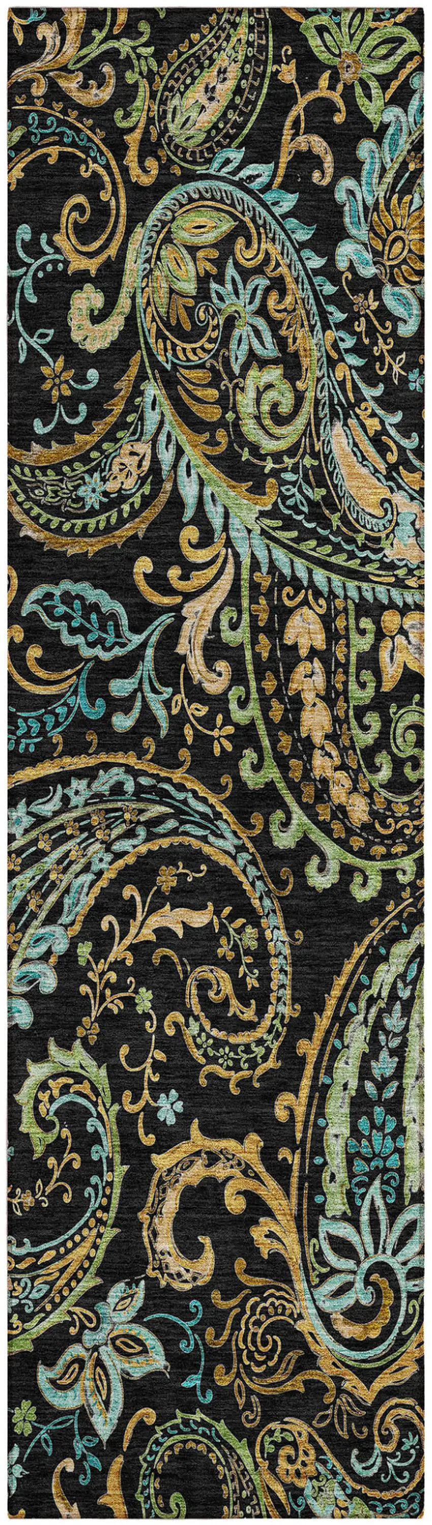 Black and Gold Paisley Washable Indoor Outdoor Runner Rug Photo 2