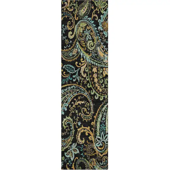 Black and Gold Paisley Washable Indoor Outdoor Runner Rug Photo 2
