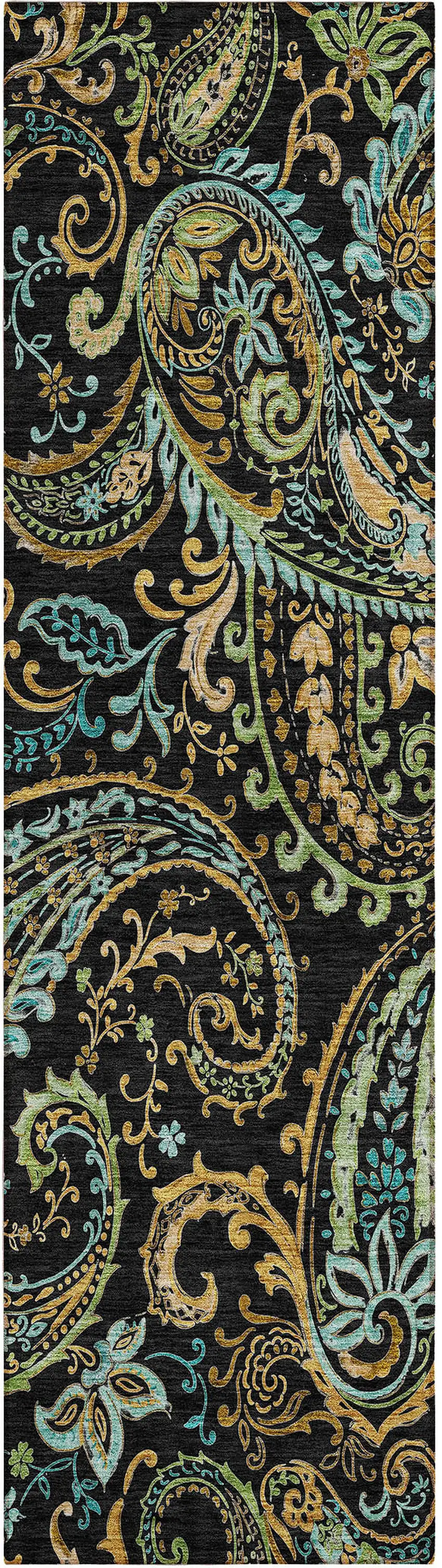 Black and Gold Paisley Washable Indoor Outdoor Runner Rug Photo 2