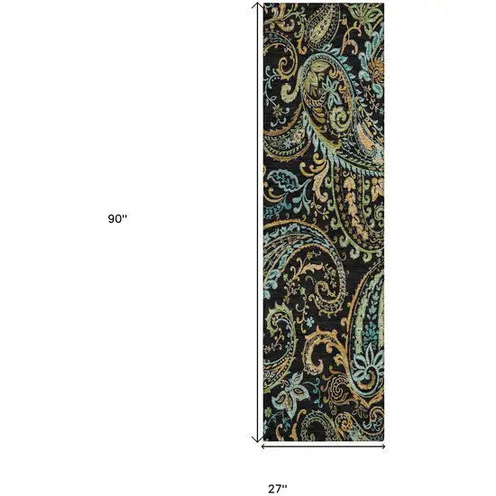 8' Runner Black and Gold Paisley Washable Non Skid Indoor Outdoor Runner Rug Photo 9
