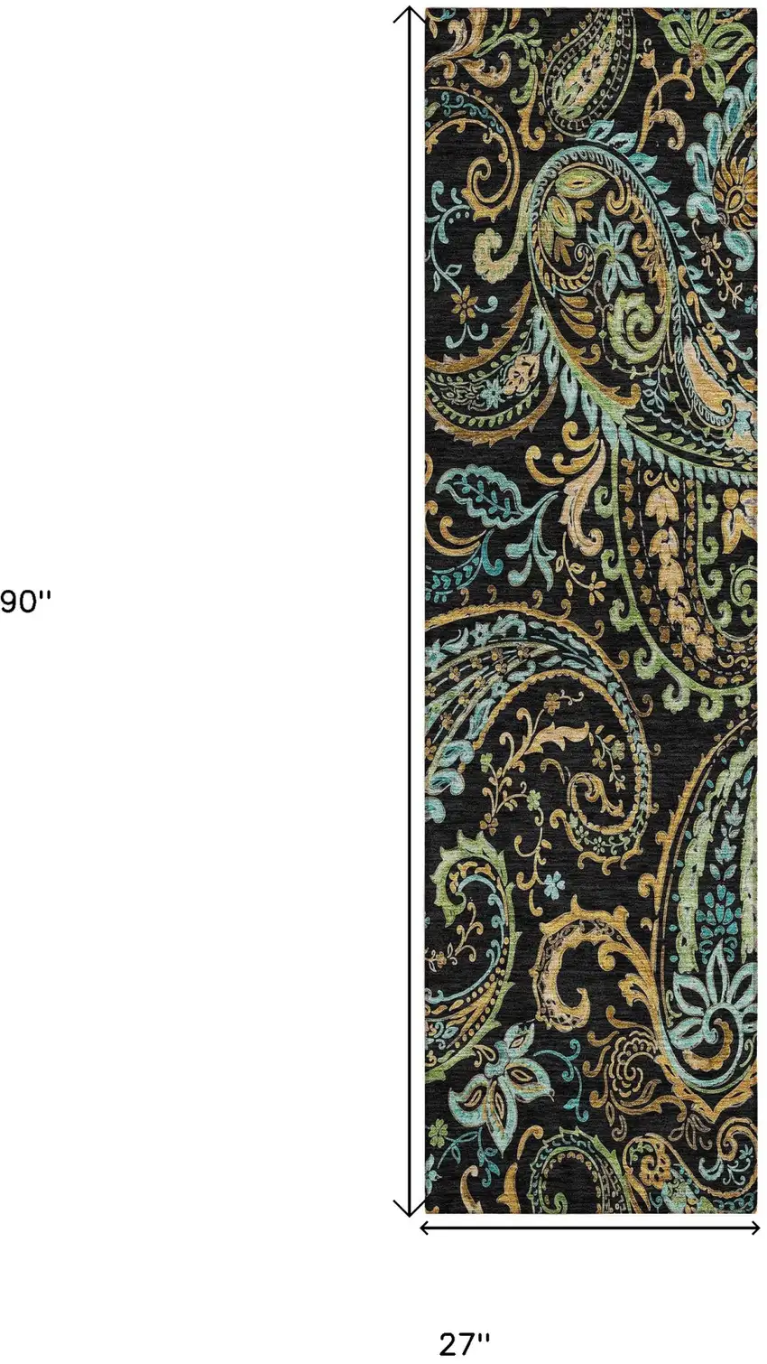 8' Runner Black and Gold Paisley Washable Non Skid Indoor Outdoor Runner Rug Photo 9