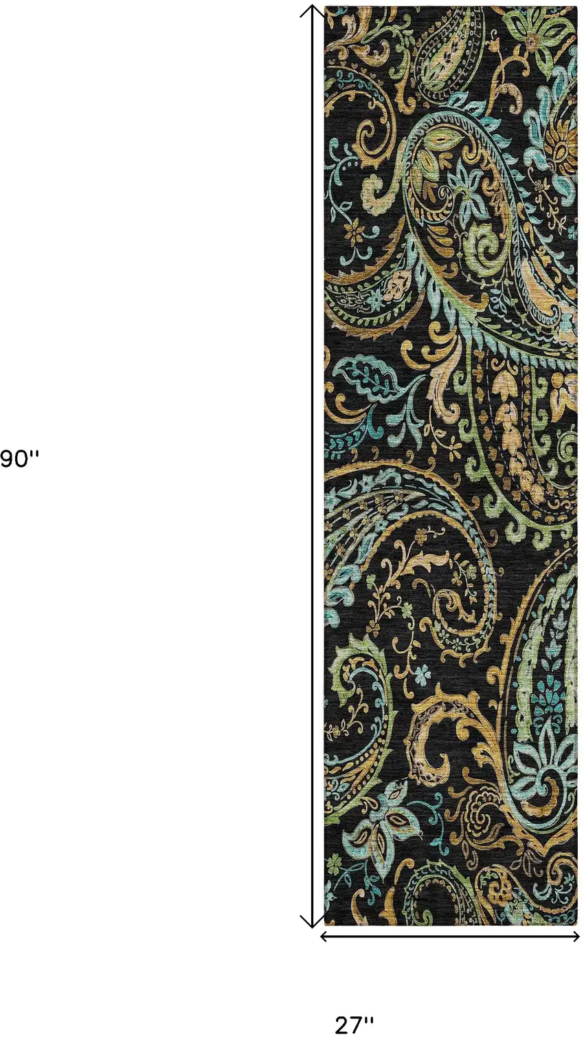 8' Runner Black and Gold Paisley Washable Non Skid Indoor Outdoor Runner Rug Photo 9