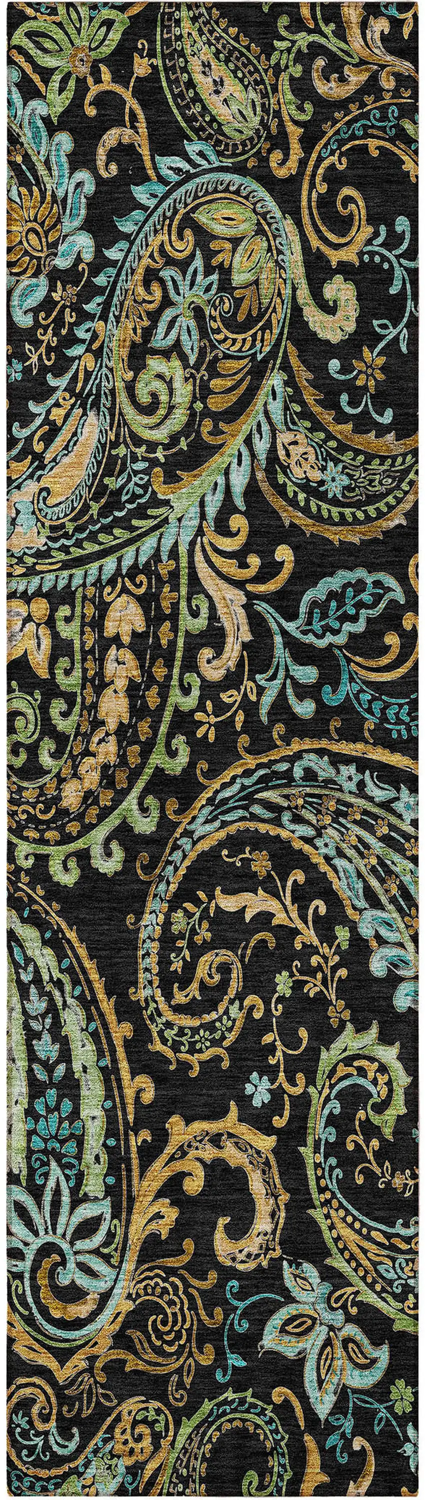 8' Runner Black and Gold Paisley Washable Non Skid Indoor Outdoor Runner Rug Photo 3