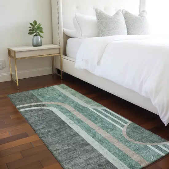 Black and Green Abstract Washable Indoor Outdoor Runner Rug Photo 7