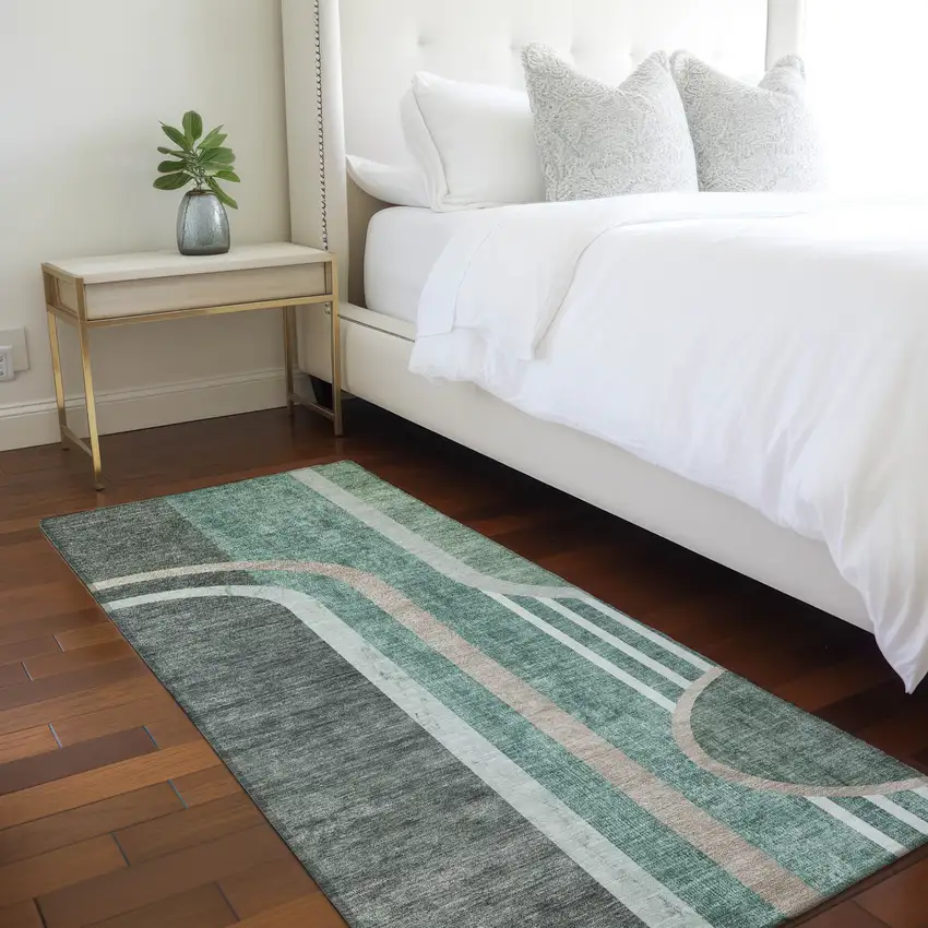 Black and Green Abstract Washable Indoor Outdoor Runner Rug Photo 7