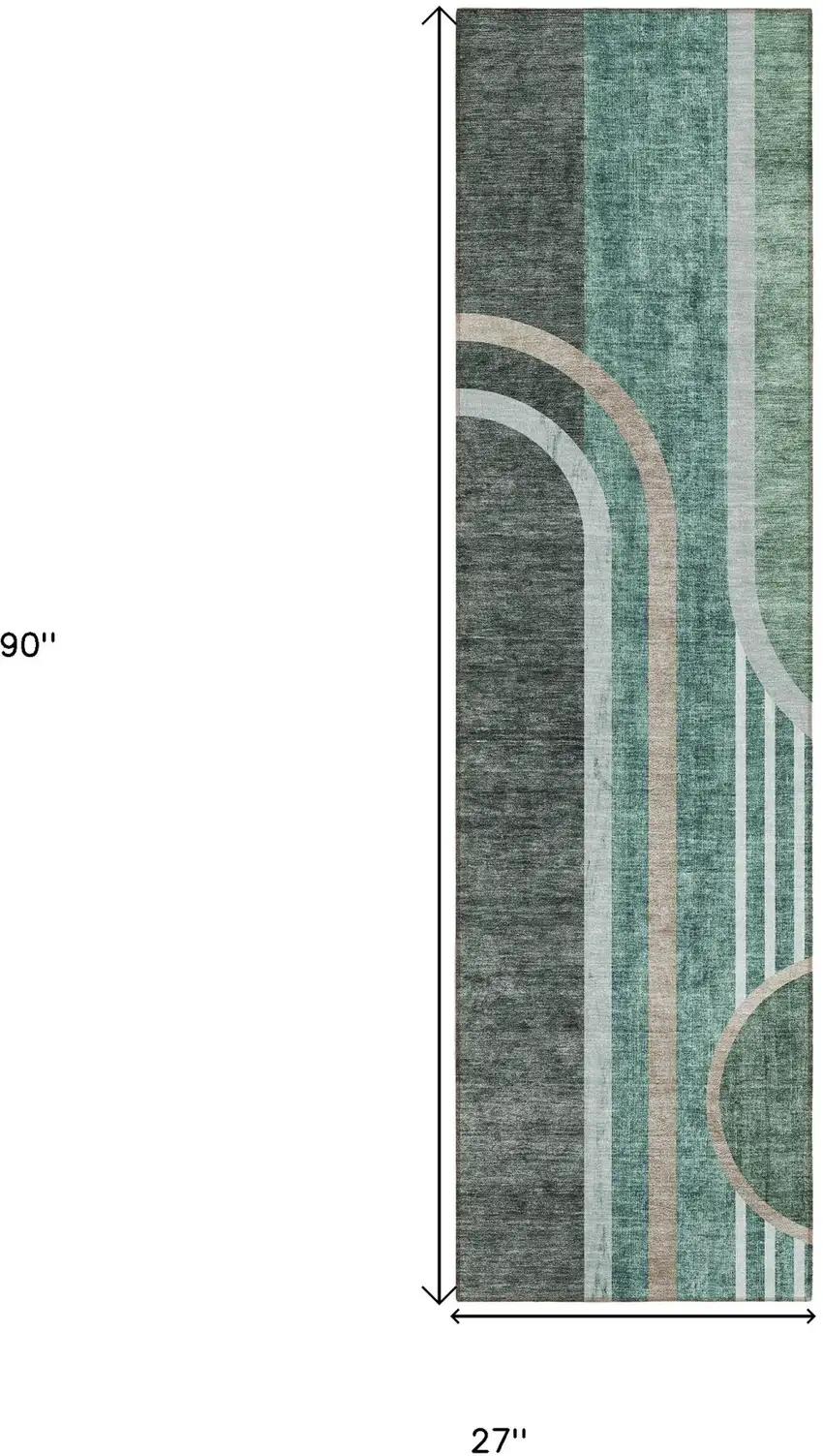 Black and Green Abstract Washable Indoor Outdoor Runner Rug Photo 3