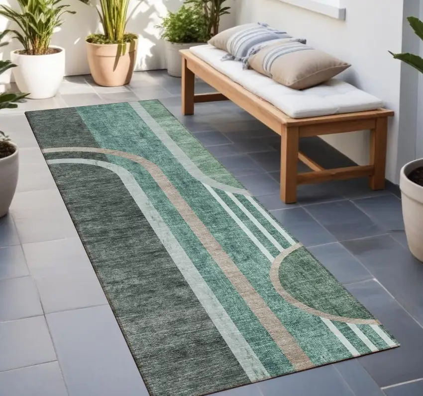 Black and Green Abstract Washable Indoor Outdoor Runner Rug Photo 1