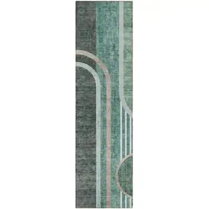 Photo of 8' Runner Black and Green Abstract Washable Non Skid Indoor Outdoor Runner Rug