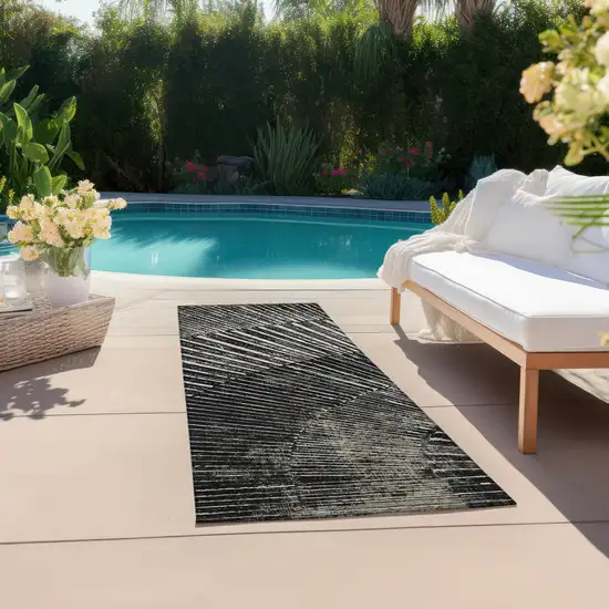 Black and Ivory Abstract Washable Non Skid Indoor Outdoor Runner Rug Photo 8