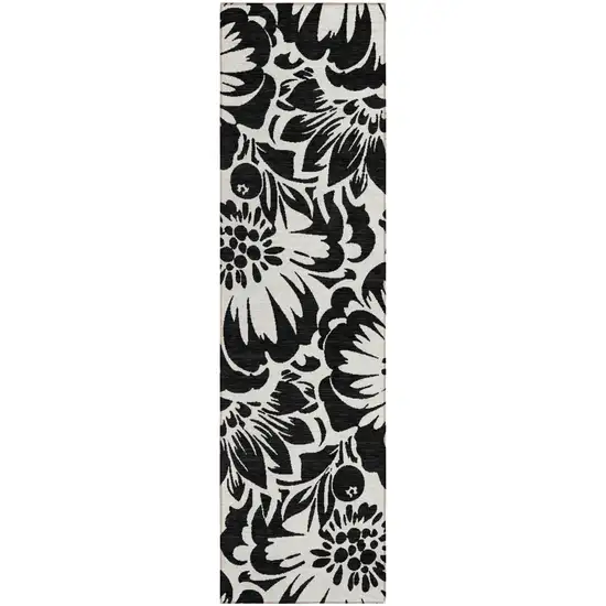 Black and Ivory Floral Washable Non Skid Indoor Outdoor Runner Rug Photo 2