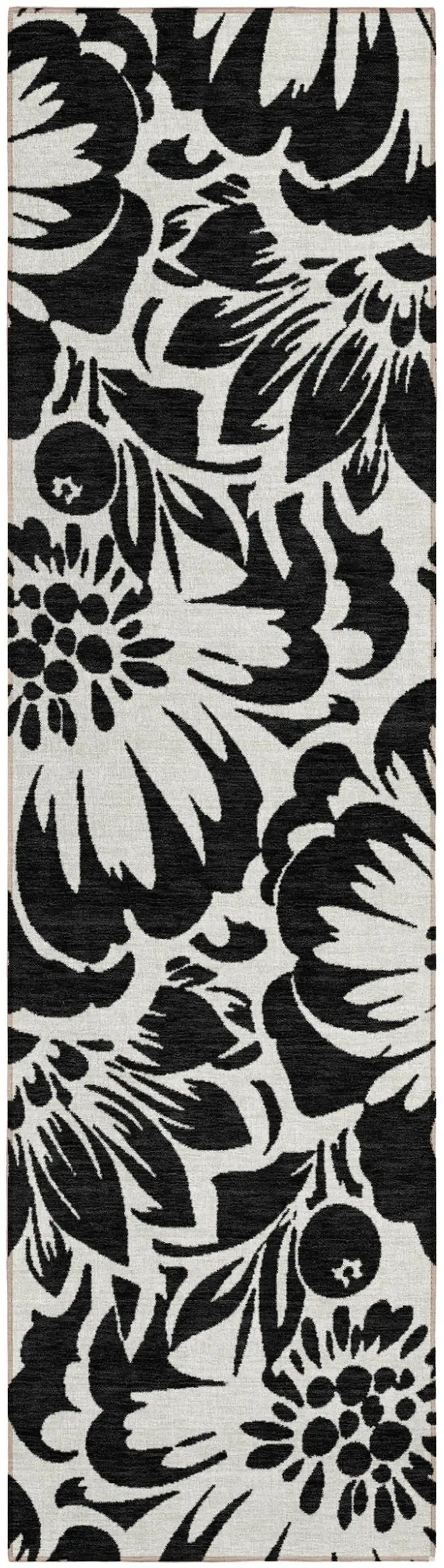 Black and Ivory Floral Washable Non Skid Indoor Outdoor Runner Rug Photo 2
