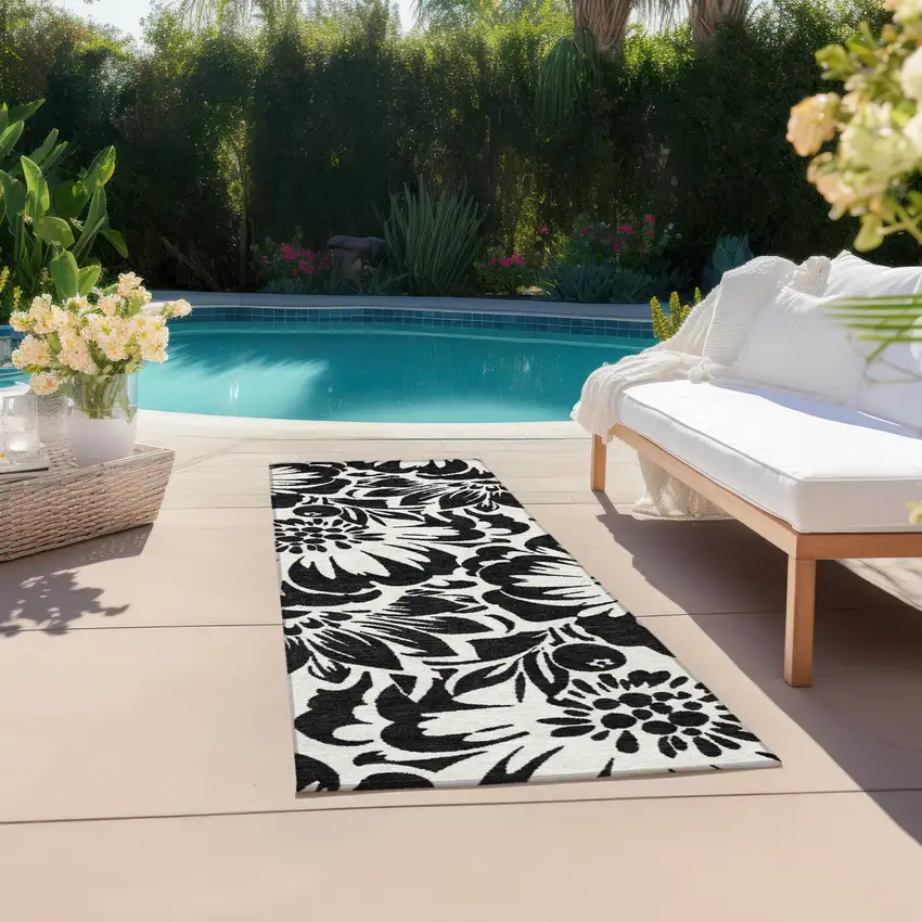 Black and Ivory Floral Washable Non Skid Indoor Outdoor Runner Rug Photo 8