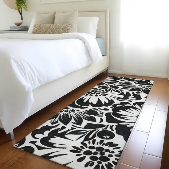Black and Ivory Floral Washable Non Skid Indoor Outdoor Runner Rug Photo 9