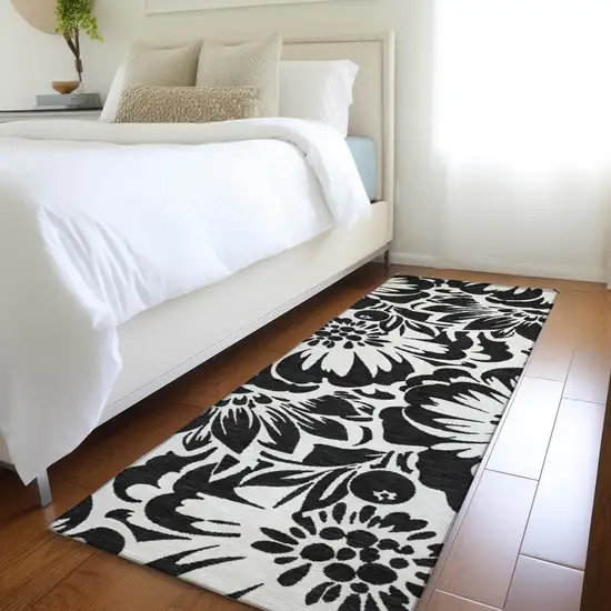 Black and Ivory Floral Washable Non Skid Indoor Outdoor Runner Rug Photo 9