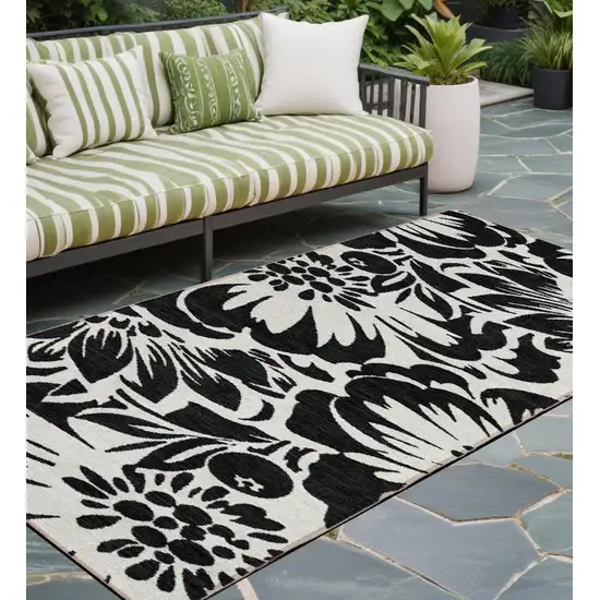 Black and Ivory Floral Washable Non Skid Indoor Outdoor Runner Rug Photo 1