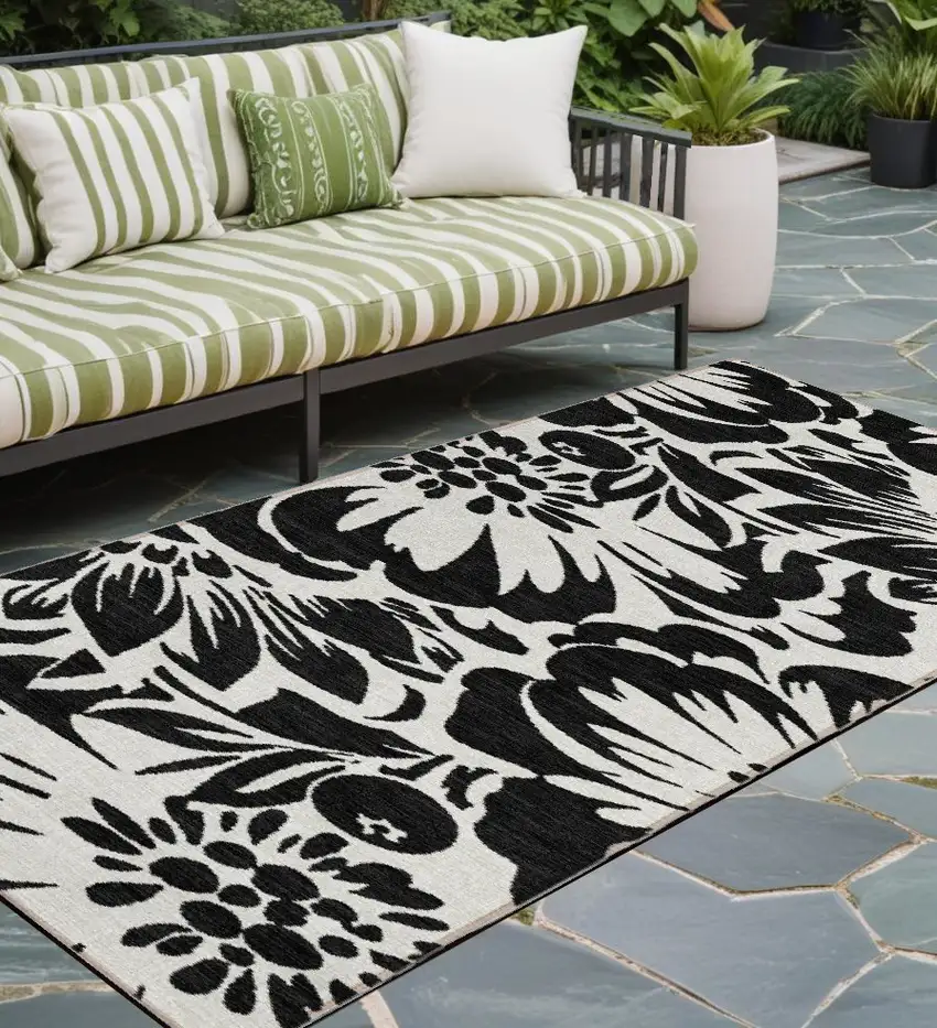Black and Ivory Floral Washable Non Skid Indoor Outdoor Runner Rug Photo 1