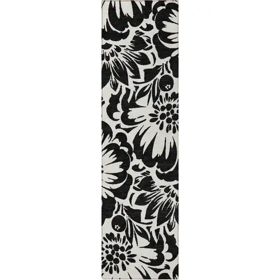 Black and Ivory Floral Washable Non Skid Indoor Outdoor Runner Rug Photo 4