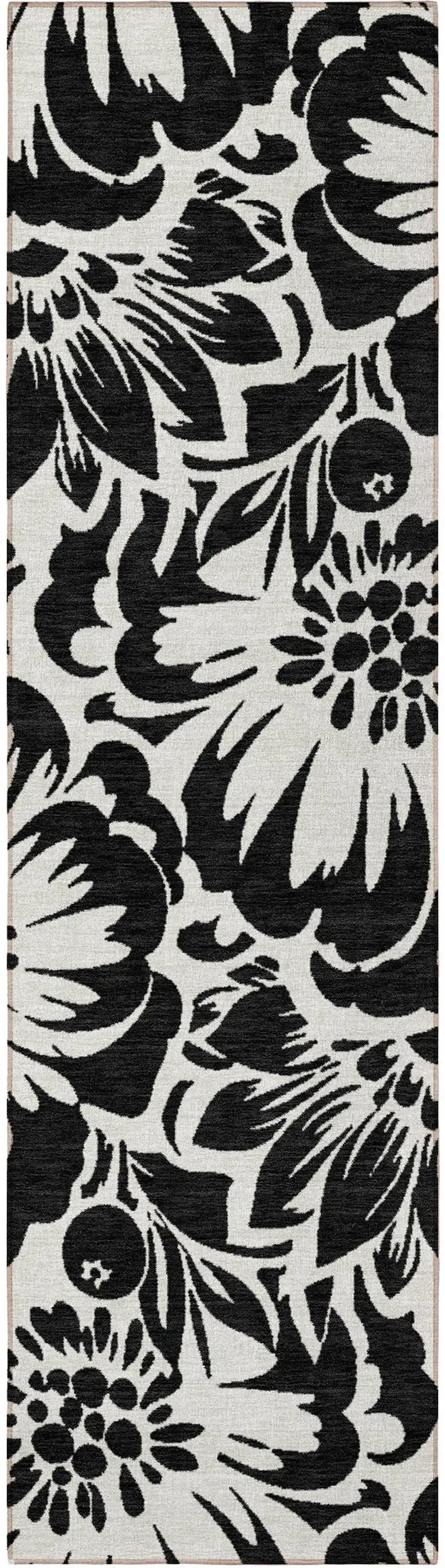 Black and Ivory Floral Washable Non Skid Indoor Outdoor Runner Rug Photo 4