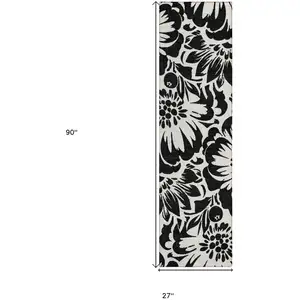 Photo of 8' Runner Black and Ivory Floral Washable Non Skid Indoor Outdoor Runner Rug