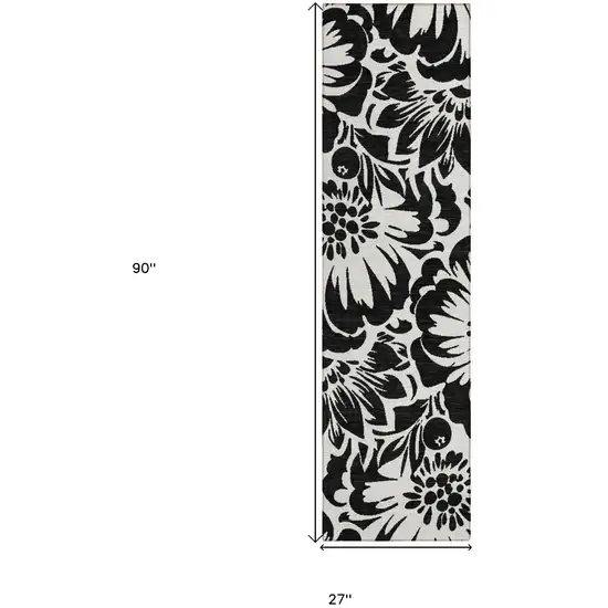 Black and Ivory Floral Washable Non Skid Indoor Outdoor Runner Rug Photo 3