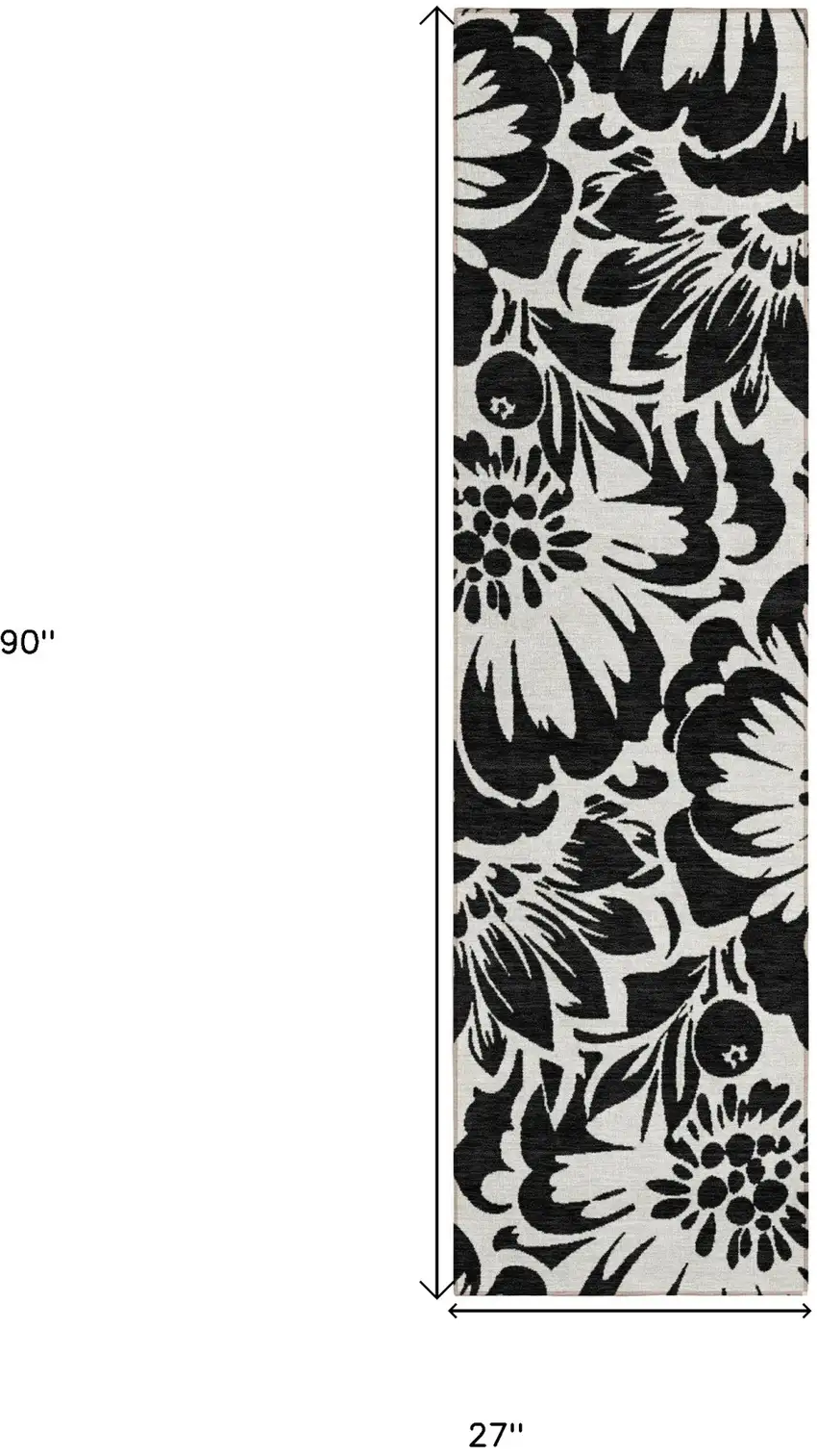 Black and Ivory Floral Washable Non Skid Indoor Outdoor Runner Rug Photo 3