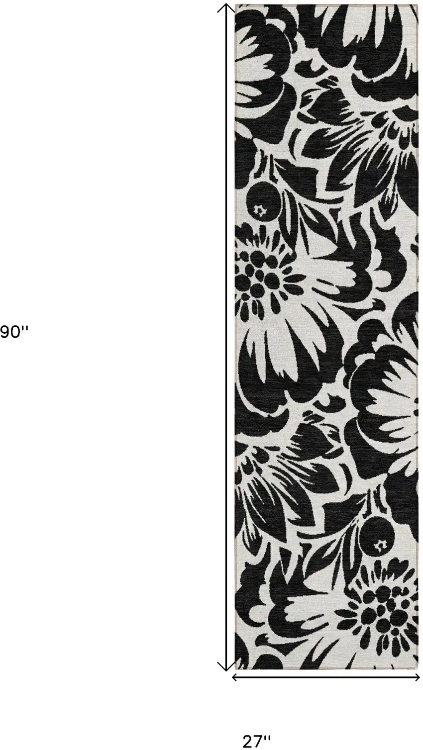 Black and Ivory Floral Washable Non Skid Indoor Outdoor Runner Rug Photo 3