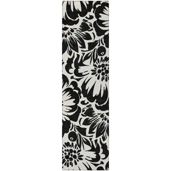 Black and Ivory Floral Washable Non Skid Indoor Outdoor Runner Rug Photo 5