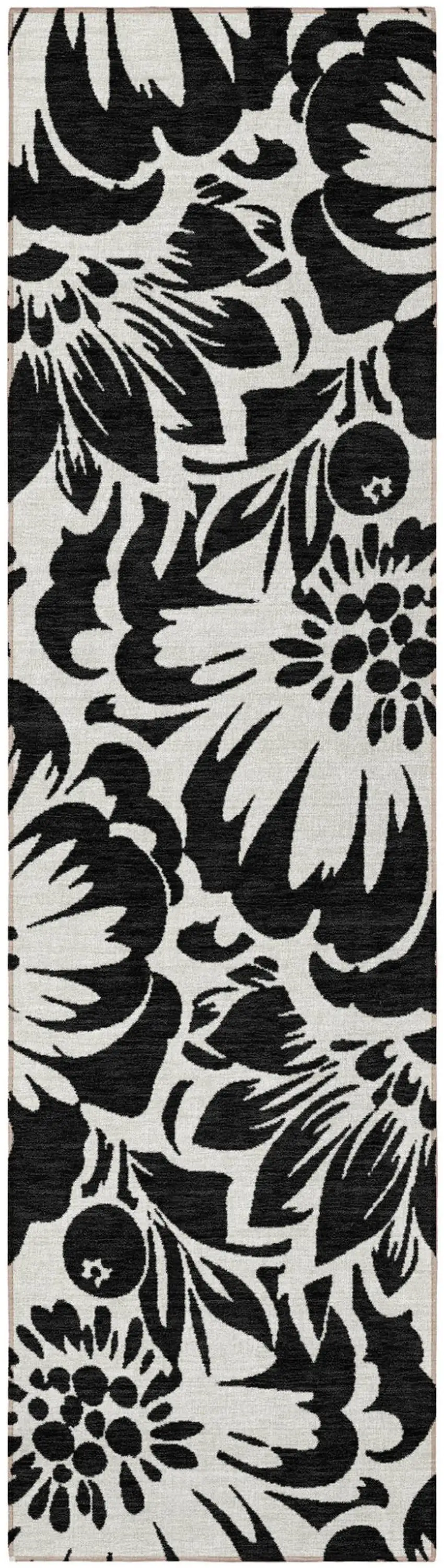 Black and Ivory Floral Washable Non Skid Indoor Outdoor Runner Rug Photo 5