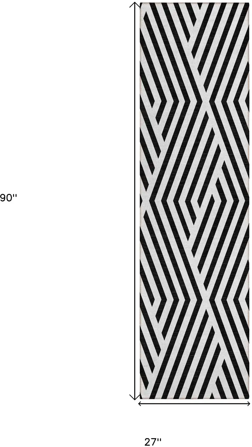 Black and White Geometric Washable Non Skid Indoor Outdoor Runner Rug Photo 3