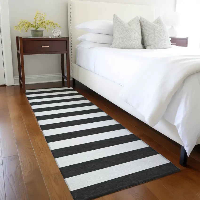 Black and White Striped Washable Non Skid Indoor Outdoor Runner Rug Photo 9