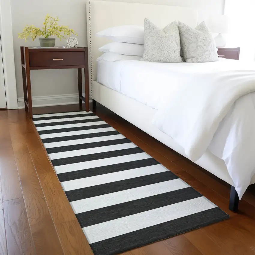 Black and White Striped Washable Non Skid Indoor Outdoor Runner Rug Photo 9