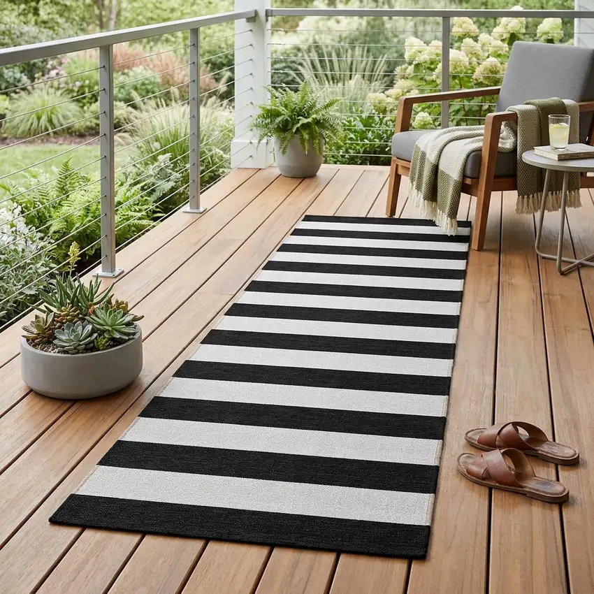 Black and White Striped Washable Non Skid Indoor Outdoor Runner Rug Photo 1