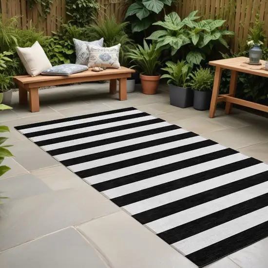 Black and White Striped Washable Non Skid Indoor Outdoor Runner Rug Photo 1