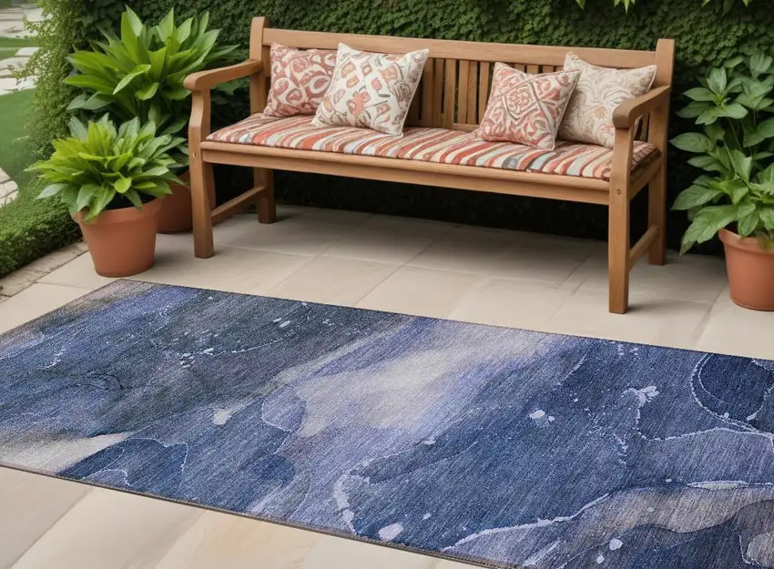8' Runner Blue Abstract Washable Non Skid Indoor Outdoor Runner Rug Photo 1