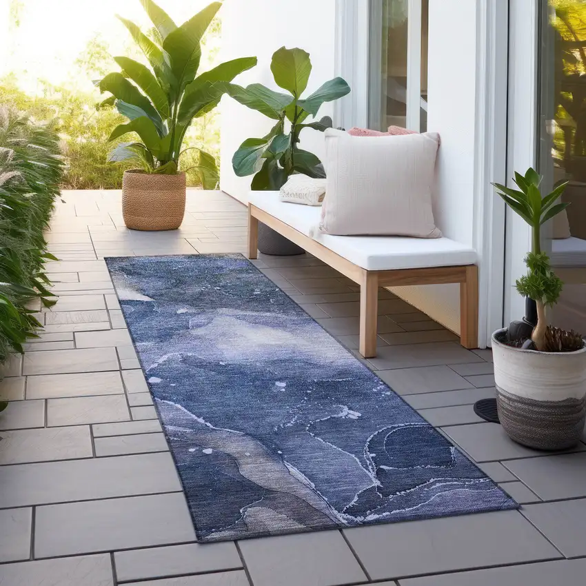Blue Abstract Washable Non Skid Indoor Outdoor Runner Rug Photo 8