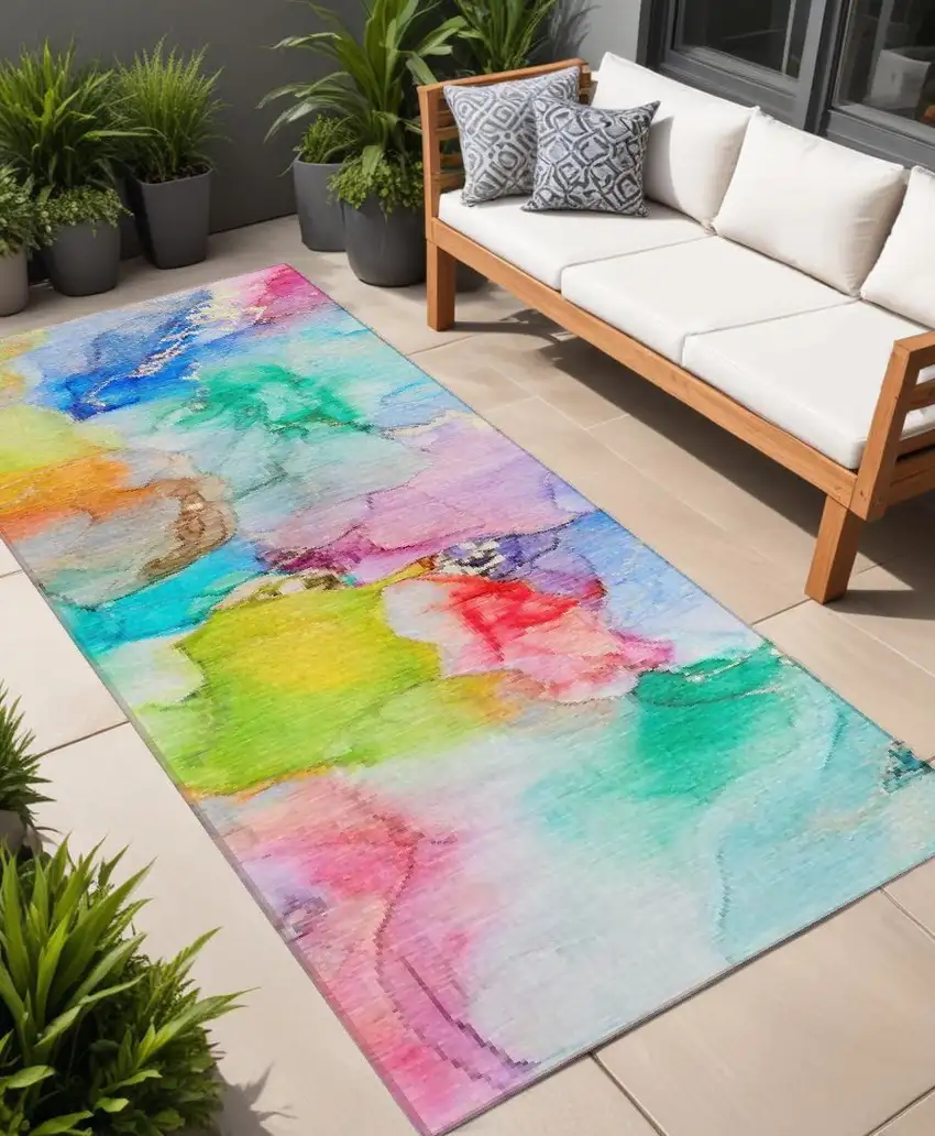 8' Runner Blue Abstract Washable Non Skid Indoor Outdoor Runner Rug Photo 1