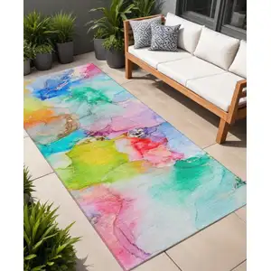 Photo of 8' Runner Blue Abstract Washable Non Skid Indoor Outdoor Runner Rug