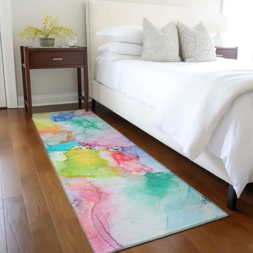 Blue Abstract Washable Non Skid Indoor Outdoor Runner Rug Photo 9