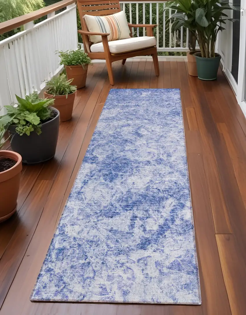 Blue Abstract Washable Non Skid Indoor Outdoor Runner Rug Photo 1