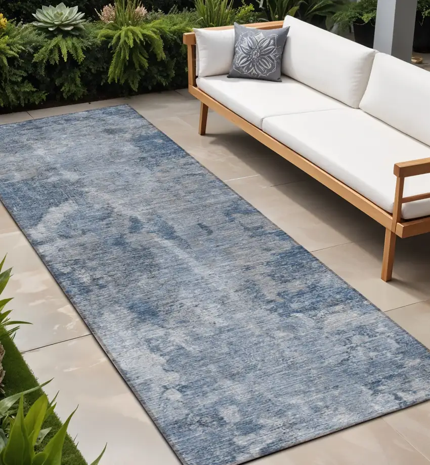Blue Abstract Washable Non Skid Indoor Outdoor Runner Rug Photo 1