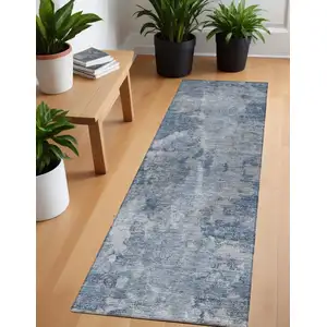 Photo of 8' Runner Blue Abstract Washable Non Skid Indoor Outdoor Runner Rug