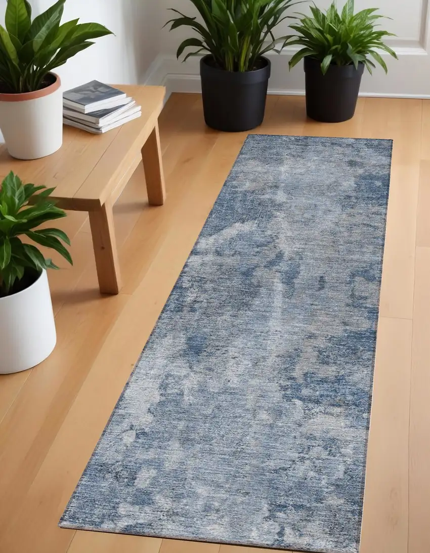 8' Runner Blue Abstract Washable Non Skid Indoor Outdoor Runner Rug Photo 1