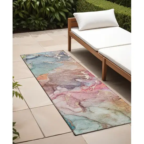 Blue Abstract Washable Non Skid Indoor Outdoor Runner Rug Photo 1