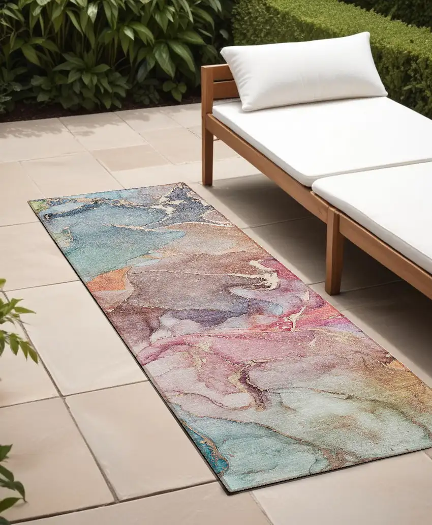 Blue Abstract Washable Non Skid Indoor Outdoor Runner Rug Photo 1