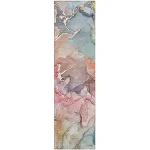 Photo of 8' Runner Blue Abstract Washable Non Skid Indoor Outdoor Runner Rug